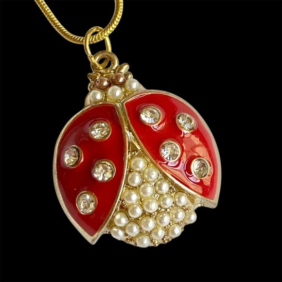 Crystal Ladybug Necklace Gold Plated 16-18" Chain Insect Red Enamel Pearl - Picture 1 of 8